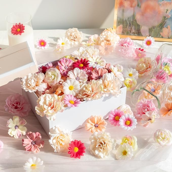 ATTGREAT 310 Pcs Fake Flower Heads Mini Artificial Flower Bulk Silk Flowers for Decoration Small Faux Flower Heads Fabric Daisy Buds Floral for Crafts DIY Wedding Party Baby Shower Home Decor, Pink