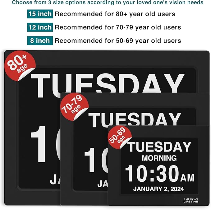 American Lifetime Dementia Clock - Large Digital Clock for Seniors, Custom Alarms, Day & Date Display, Black, 15 Inches