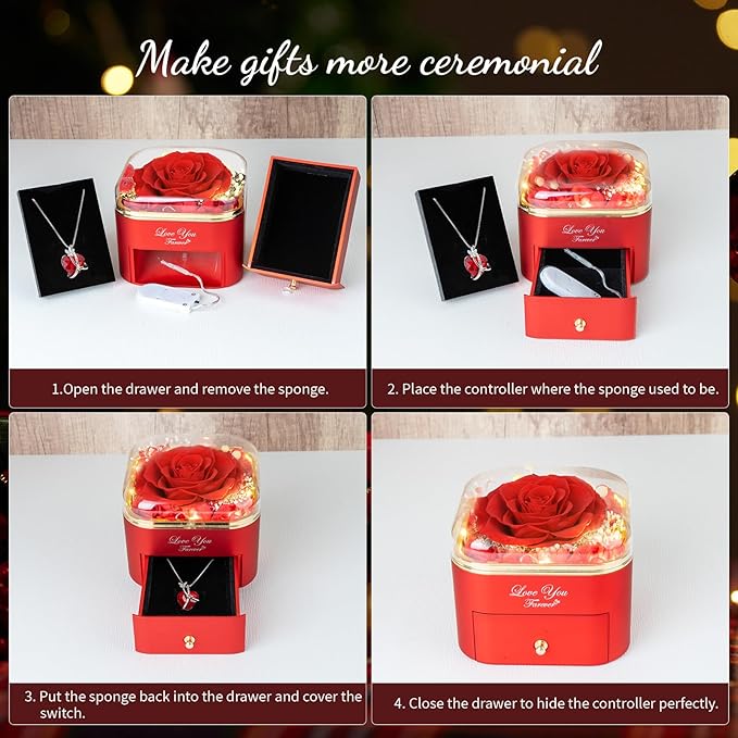 ENERLEAF Preserved Red Real Rose with Necklace Jewelry Box -Eternal Flowers Rose Gifts for Grandma Wife Girlfriend on Valentines Mothers Day Christmas Birthday Anniversary Romantic Gifts for Her