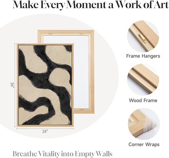 Framed Neutral Abstract Wall Art for Living Room, 3 Piece Black and Beige Mid Century Modern Painting Print, Large Line Canvas Artwork for Dining Room Bedroom Hallway Office Walls Decor, 24x36 Inch
