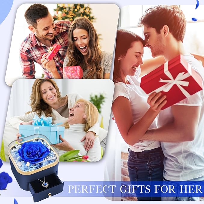 Beferr Gifts for Mom Preserved Real Blue Rose with Necklace Eternal Roses Forever Flowers for Delivery Christmas Anniversary Birthday Mothers Day Flower for Women Her Grandma Wife Daughter Girlfriend