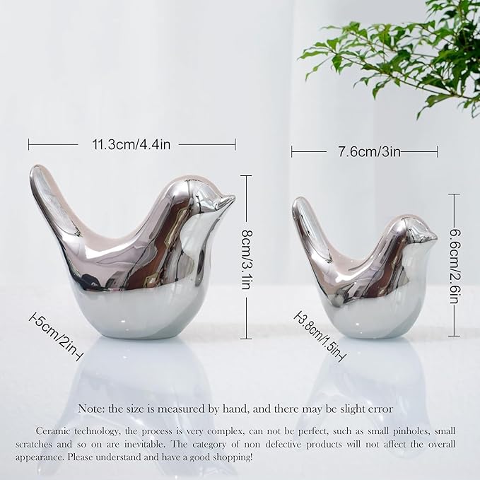 2 Pcs Ceramic Small Bird Figurines Modern Animal Statues for Home 、Room Decor and Bedroom Decor and Bookshelf Display (Silver)