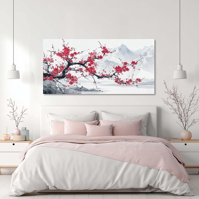 Red Plum Blossom Tree Wall Art for Living Room Canvas Oil Painting Prints Beautiful Blooming Flower Floral Mountain Landscape Art Deco Nature Artwork Office Bedroom Family Dining Room Decor Large