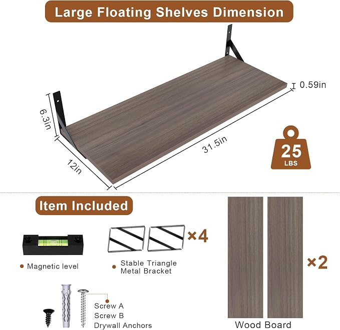 Large Wall Shelves, 31.5" W x 12" D Long Floating Shelves Set of 2, Wide Display Wood Shelf Wall Mounted with Heavy-Duty Metal Brackets for Bedroom Books, Living Room, Kitchen, Walnut