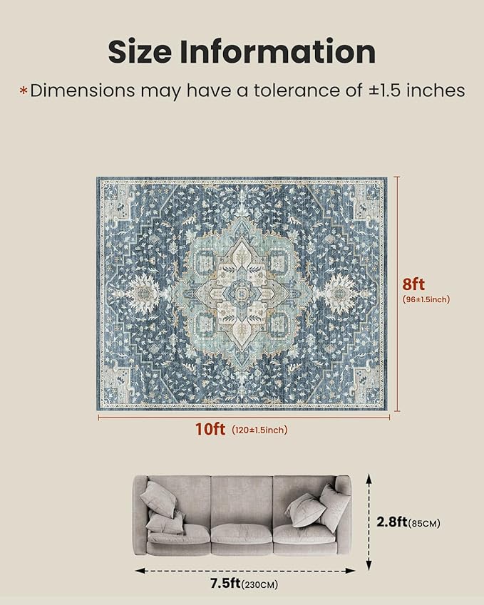 AMADA HOMEFURNISHING 8x10 Washable Area Rug, Low-Profile Large Area Rug with Non-Slip Backing & Durable Edge Binding, Vintage Large Rugs for Living Room, Bedroom, Dinning Room