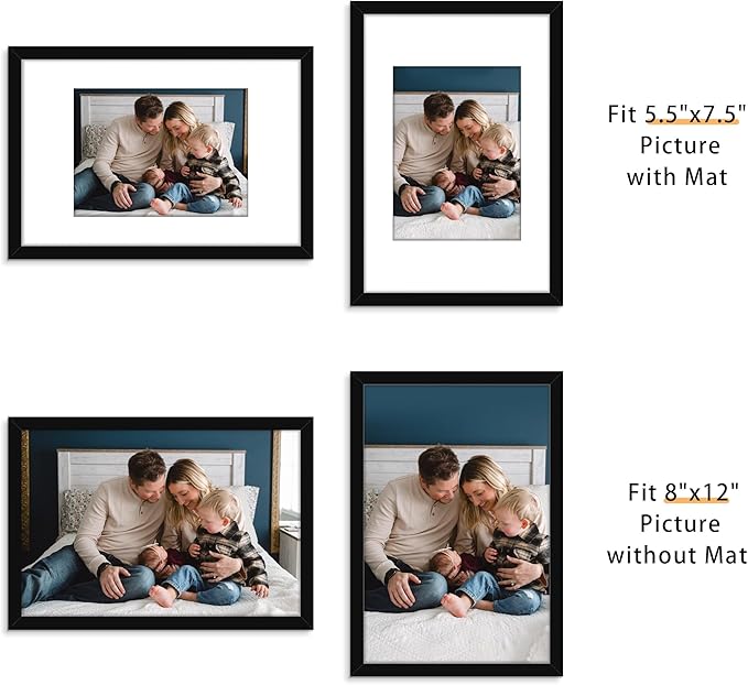 Picrit 8x12 Picture Frame Set of 12, Display 6x8 with Mat or 8x12 without Mat, Photo Frames for Wall Mounting or Table Top Display, Black