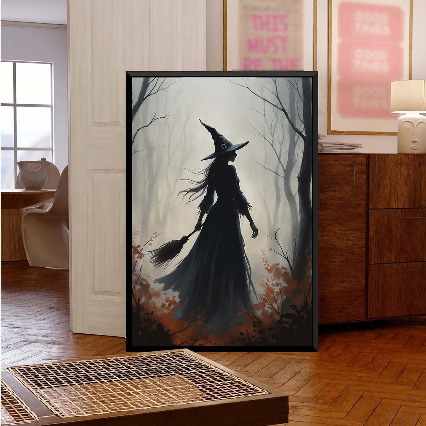 JFHCQJPK Vintage forest witch silhouette poster Halloween mural poster decoration mural art magic suitable for home living room bedroom24x36in Metal blackFramed