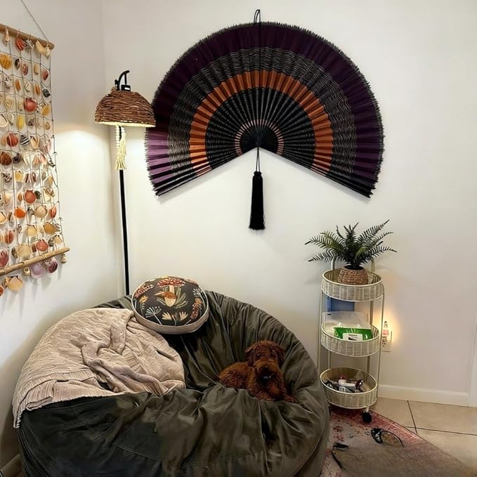 ChumDecor Fan Wall Decor, Large Bamboo Fans for Boho Hanging Headboard, Decorative Folding Fans for Over Bed, Asia Trending (Ebony 40inch)