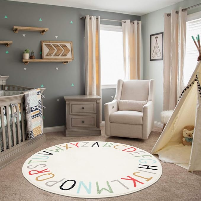 Topotdor Rainbow Round Kids Play Rug Alphabet Nursery Area Rug Extra Large Soft Crawling Play Mat for Children Toddlers Bedroom (40 inch, Multi Color)