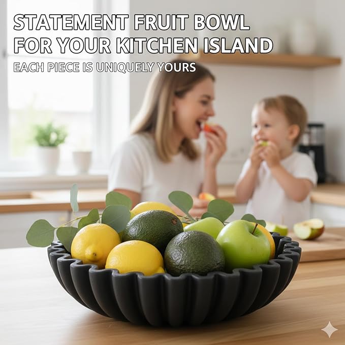 10 Inch Scalloped Ruffle Hand Poured Concrete Decorative Fruit Bowl Black | Solid concrete wabi sabi centerpiece bowl for kitchen counter, entryway key storage & coffee table decor