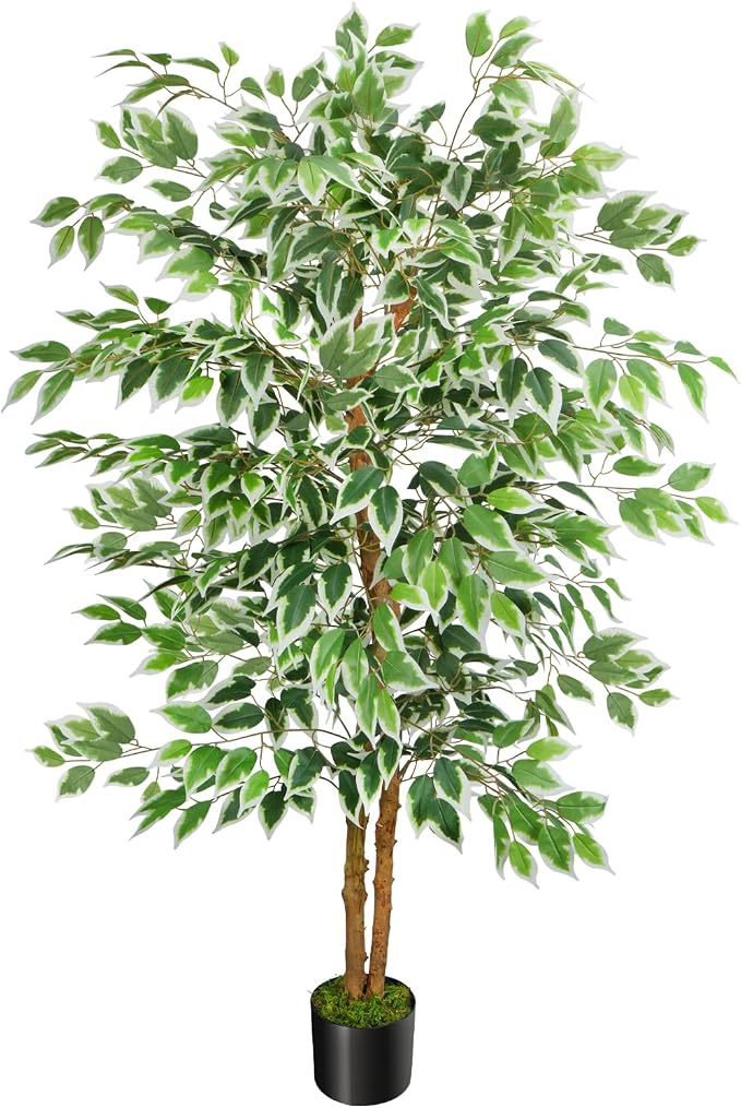 GTIDEA 5ft Ficus Tree Artificial, Tall Fake Tree with Natural Trunk Faux Trees Indoor Silk Ficus Leaves Artificial Trees for Home Decor Indoor Summer Office Living Room Outdoor (Included Dried Moss)