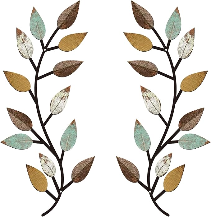 Zhengmy 2 Pieces Metal Tree Leaf Wall Decor Vine Olive Branch Leaf Wall Art Living Room, Hallway Wall Decor Outdoor Decoration(Bright Colors)