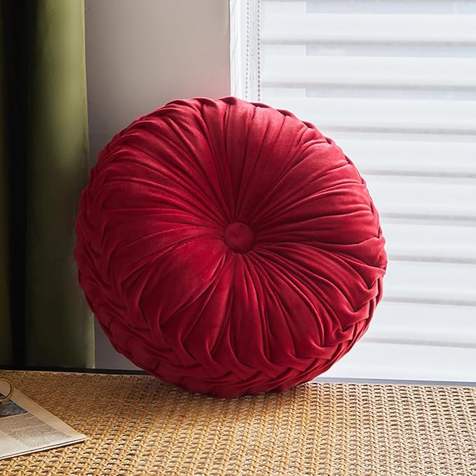 Greenjin 15" Round Pillow for Couch, Circle Velvet Pleated Throw Pillow,Decorative Round Floor Cushion,Pumpkin Chair Cushion for Bed Chair Car Sofa Home Decor Wine Red