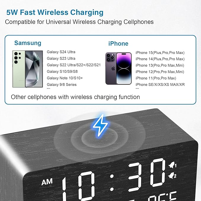 Andoolex Wooden Digital Alarm Clock with Wireless Charging, 0-100% Adjustable Brightness Dimmer and Alarm Volume, Weekday/Weekend Mode, Dual Alarm, Snooze, 12/24H, Wood LED Clock for Bedroom (Black)