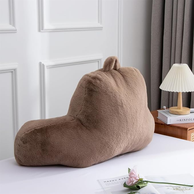 A Nice Night Faux Fur Soft Reading Pillow Bed Wedge Adult Backrest with Arms Back Support for Sitting Up in Bed/Couch for Bedrest,Khaki,Large