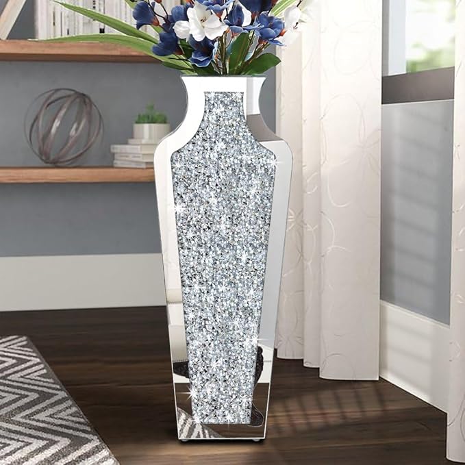 Allartonly Floor Crushed Diamond Mirrored Vase 27" Tall, Crystal Silver Glass Decorative Mirror Large Size Luxury for Home Decor. Can't Hold Water.