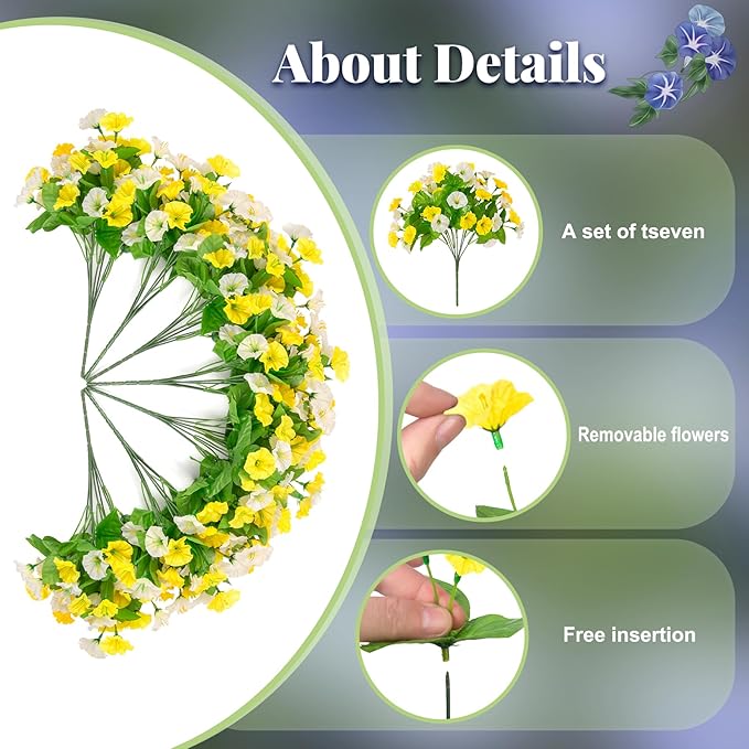 Ammyoo Artificial Hanging Flowers with Basket, Faux Silk Petunias Flower Arrangement, Coconut Lining with Morning Glories Fake Plants Patio Garden Porch Deck Fall Decor(Yellow and White)