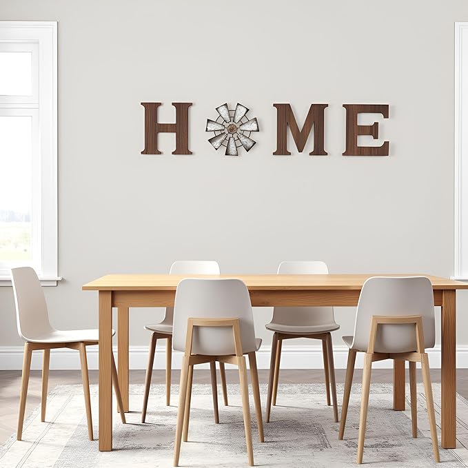 Mkono Farmhouse Wall Decor Wooden Home Sign with Metal Windmill for O Rustic Hanging Letters Decorative Art Signs Living Room Kitchen Bedroom Entryway House, Brown