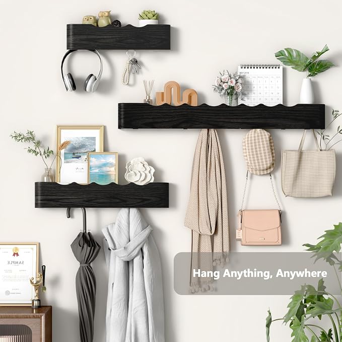 Wall Mounted Coat Rack with Shelf, Wooden Entryway Organizer with Hidden Metal Hooks for Hanging Coats Bags Keys, Modern Floating Shelf for Hallway Bathroom