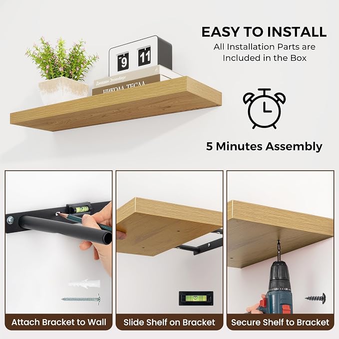Dreamland 16" Floating Shelves 6.7" Deep Wall Mounted Set of 2 Oak | Wall shelves for bathroom, bedroom, Living Room, kitchen, deep wall mount wood storage display for home decor 16" x 6.7"