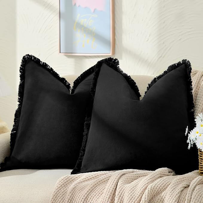 ZWJD Pillow Covers 24x24 Set of 2 Black Throw Pillow Covers with Fringe Chic Cotton Decorative Pillows Square Cushion Covers for Sofa Couch Bed Living Room Farmhouse Boho Decor