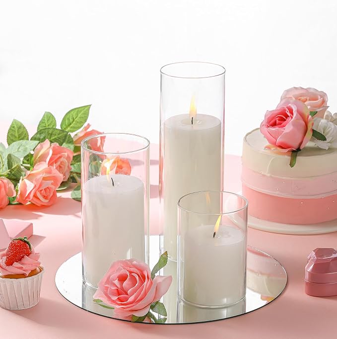 Shihanee Set of 3 Pillar Candles and 3 Glass Cylinder Candle Vases Holders Clear Pillar Jars for Wedding Centerpieces(3'' x 5.9'', 7.9'', 9.8'',White)