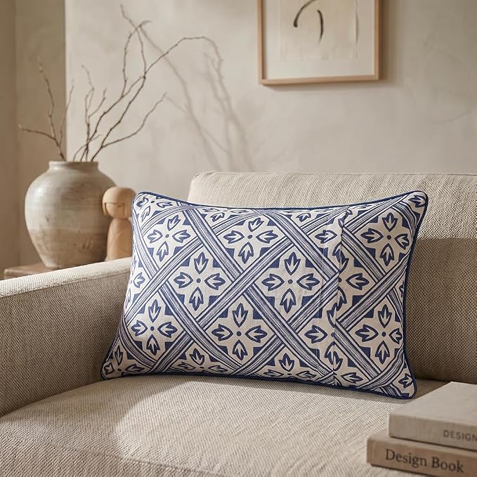patdrea Designer French Linen Throw Pillow Cover,12"x20",Set of 2-Ivar C | Decorative Pillow Case,Chinoiserie Blue Floral Print Pillow Cover for Couch Living Room Bedroom Sofa
