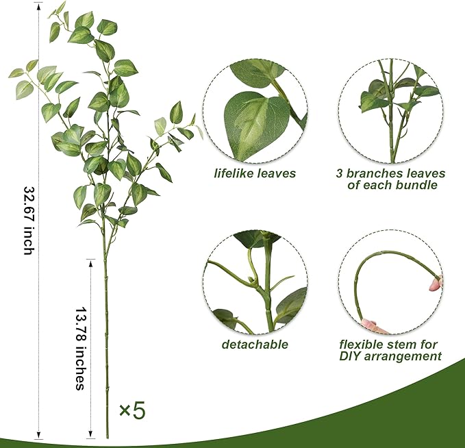 HyeFlora 5PCS Artificial Eucalyptus Leaves Stem Plants for Spring Decor, 32.7 inch Fake Leaves Greenery Branches Green Shrubs Silk Faux Foliage DIY Stems for Festival Home Kitchen Farmhouse(Green)
