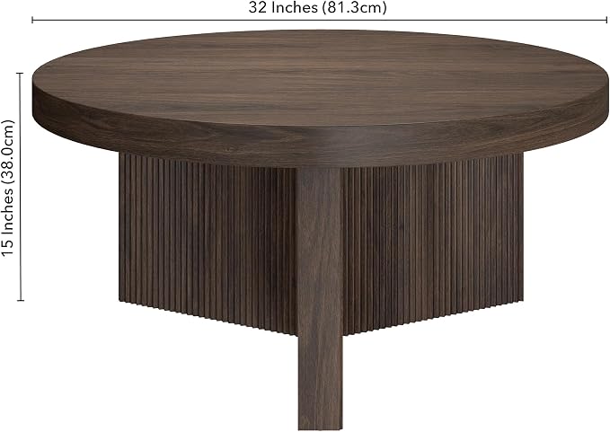 Henn&Hart 32" Fluted Round Low-Profile Coffee Table with Ribbed Pedestal Base Living Room, Family Room, Office, or Apartment, Rich Brown