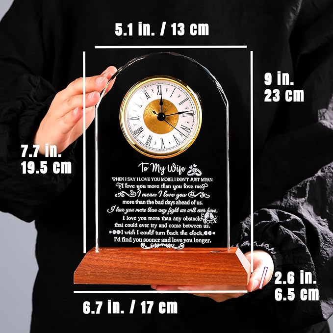 Gifts for Wife from Husband - Crystal Clock with Wooden Light Base, Christmas, Birthday, Wedding Anniversary Wife Gifts Ideas, to My Wife Plaque Presents for Valentine's Mother's Day