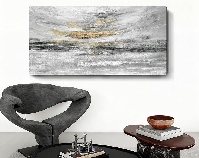 Nicetop Large 48x24 Inch Black White Gold Abstract Canvas Wall Art, Modern Coastal Ocean Art, Minimalist Wall Decor Ready to Hang for Living Room Bedroom Bathroom Office