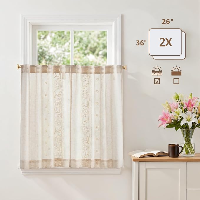 jinchan Winslow Linen Kitchen Curtains 36 Inch Length Small Window Curtains Embroidered Bordered Floral Drapes Light Filtering for Bathroom Laundry Room Farmhouse Decor White on Beige 2 Panels