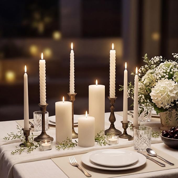 Conelist 9 Pcs Modern Decorative Candles Set, 3 Pillar Aesthetic Ribbed and 6 Spiral Taper Twisted Candles, Unscented Soy Wax for Wedding Holiday Dinner Home Decor (White)