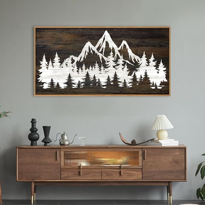 LHIUEM Large Mountain Tree Framed Canvas Wall Art,Modern White Forest Art Prints,Abstract Country Woodcut Wood Wall Decor,Farmhouse Zen Artwork for Living Room Bedroom Office-20''x40''