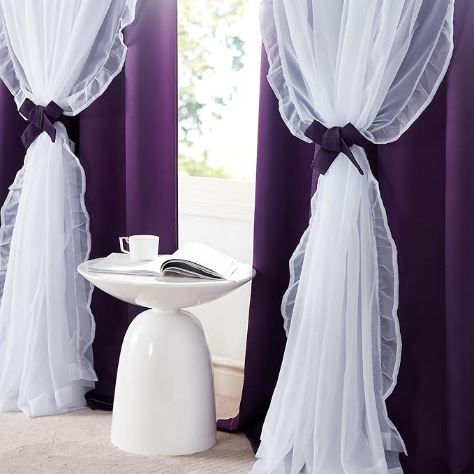 PONY DANCE Blackout Curtains for Living Room Decor Window Treatment Double Layer Drapes Ruffle Sheer Overlay,Moody Curtains, W 52 x L 84 Inches, Ombre-Purple, 2 Panels