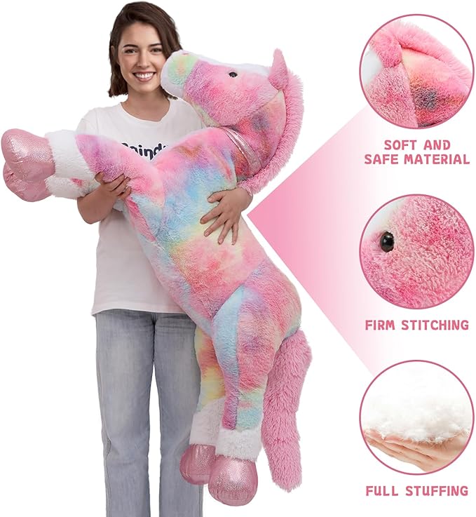 Tezituor 47 Inch Large Horse Stuffed Animal Toy, 4ft Tie-Dye Pink Horse Pony Plush Toy, Hugging Giant Soft Horse Plush Pillow for Kids Adult