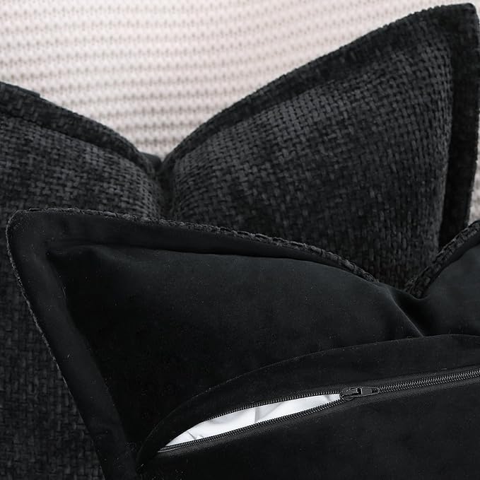 MADIZZ Decorative Chenille Velvet Throw Pillow Covers Set of 2 Soft Boho Textured Neutral Couch Throw Pillow for Bed Modern Farmhouse Home Decor for Sofa Livingroom Black 18x18 Inch