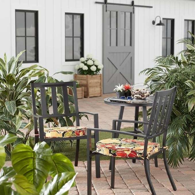 Set of 2 Outdoor 18 inch Round Patio Dining Chair Pads – Comfortable Fiber-Filled Seat Cushions with Ties, Reversible Polyester Fabric, Aloha Black Floral
