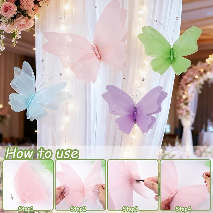 SUNBEAUTY Butterfly Party Decorations, 3D Butterflies, Water Proof Wedding Decor, Hanging Butterflies for Baby Shower Birthday Decor Party Girls, Women, PET Plastic Butterfly for Wall Decor, Set of 4