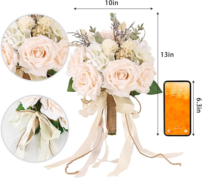 CEWOR Wedding Bouquets for Bride Bridesmaid, White Champagne Artificial Roses Flowers Wedding Decoration (10in)