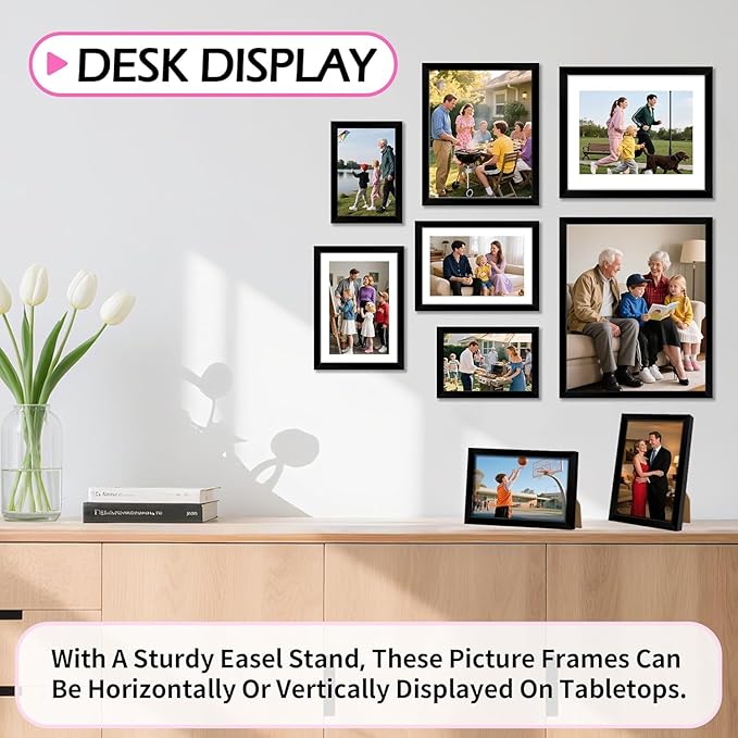8x10 Picture Frame Set of 8, Black Photo Frames for Tabletop or Wall Display, Fits Pictures 5x7 with Mat or 8x10 Without, Frame Collage with HD Plexiglass for Home Wall Decor, with Gadget