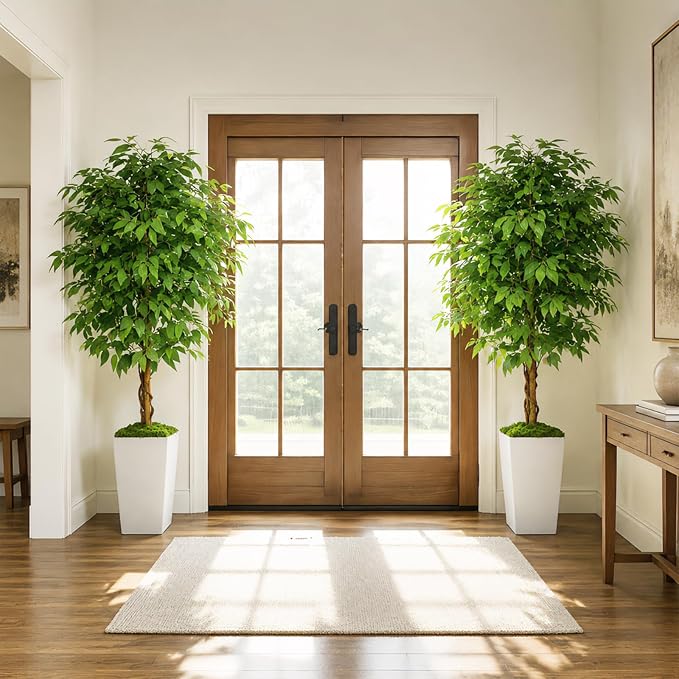 5FT Artificial Ficus Tree, 60 Inch Realistic Faux Silk Ficus Floor Plant with White Planter & Moss, Tall Fake Potted Tree for Indoor Home Office Living Room Corner Decor
