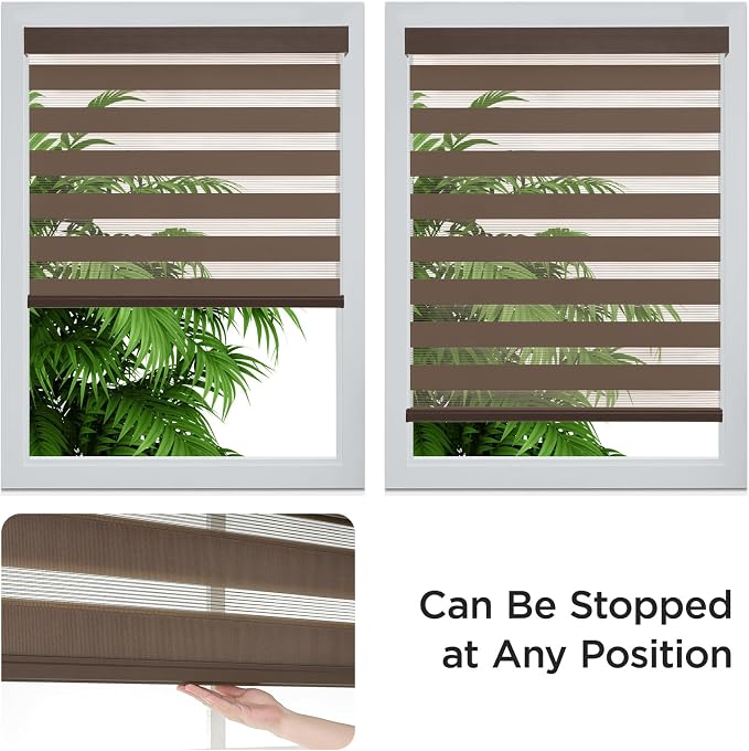 Joydeco Cordless Zebra Blinds (Pro), Dual Layer Light Control Zebra Blinds for Windows, Light-Proof Aluminum Cover, Free-Stop Roller Shades for Home & Office (Coffee, 26" W x 75" H)