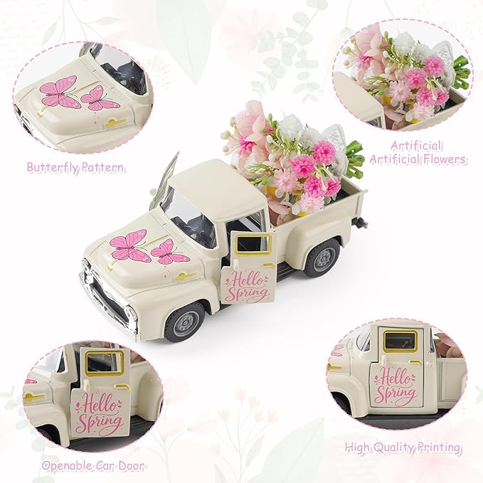 Spring Butterfly Truck Decor, Pink Spring Floral Truck Decorations for Home Indoor, Mini Wildflowers Truck Tiered Tray Decor, Rustic Farmhouse Kitchen Tabletop Decorations for Office