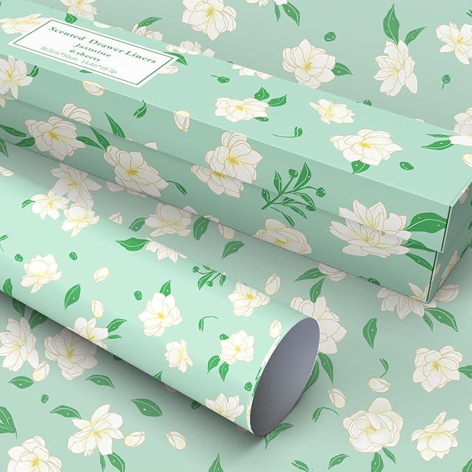 SCENTORINI Jasmine Scented Drawer Liners for Dresser, 6 Sheets Fragrant Drawer Paper Liners Non-Adhesive Paper Sheets for Home Closet, Bedroom Drawers, Kitchen Cabinets Shelf