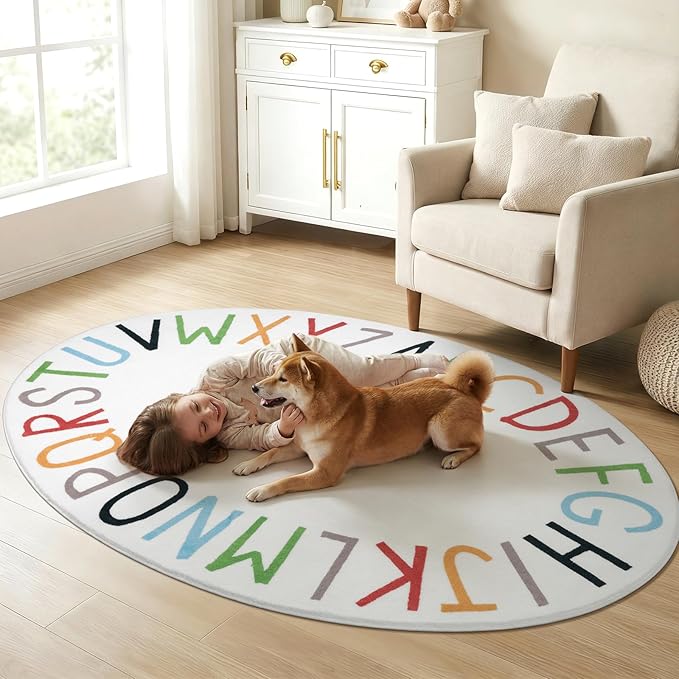 Topotdor Oval Kids Play Rug Alphabet Nursery Area Rug Extra Large Soft Crawling Play Mat for Children Toddlers Bedroom (47x70 inch, Multi Color)