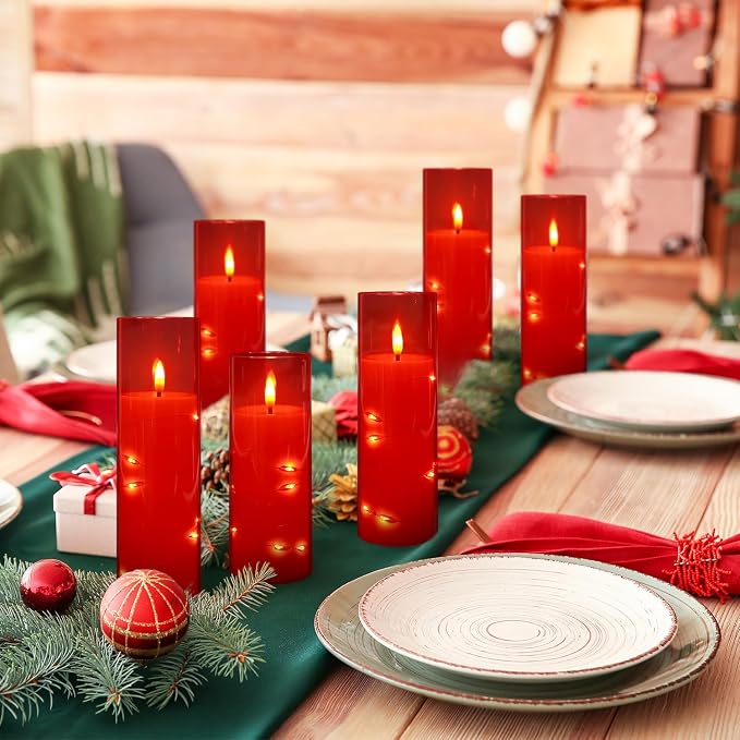 12‑Pack Red Flameless LED Candles(D 2.2" xH 5" 6" 7") with Embedded String Lights,Acrylic Pillar Candles with 2 Remote Timers, Battery‑Operated for Christmas, Halloween & New Year Decor.