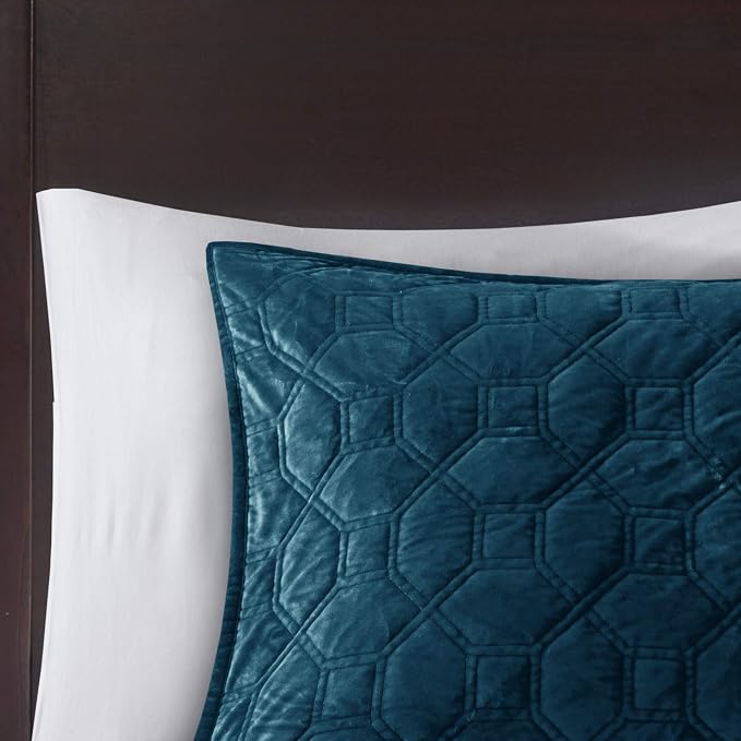 Madison Park Harper Quilt Set Velvet Casual Geometric Stitching Design All Season, Lightweight Coverlet, Cozy Bedding, Matching Shams, King/Cal King(104"x94"), Teal 3 Piece