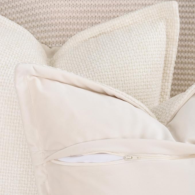 MADIZZ Decorative Chenille Velvet Throw Pillow Covers Set of 2 Soft Boho Textured Neutral Couch Throw Pillow for Bed Modern Farmhouse Home Decor for Sofa Livingroom Cream 16x16 Inch