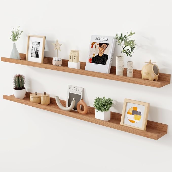 Axeman Cherry Picture Ledge Shelf, 48 Inch Floating Shelves Set of 2, Solid Wood Wall Shelves with Lip, Wall Decor Storage for Bedroom Living Room Bathroom Kitchen Nursery Photo, Natural Cherry